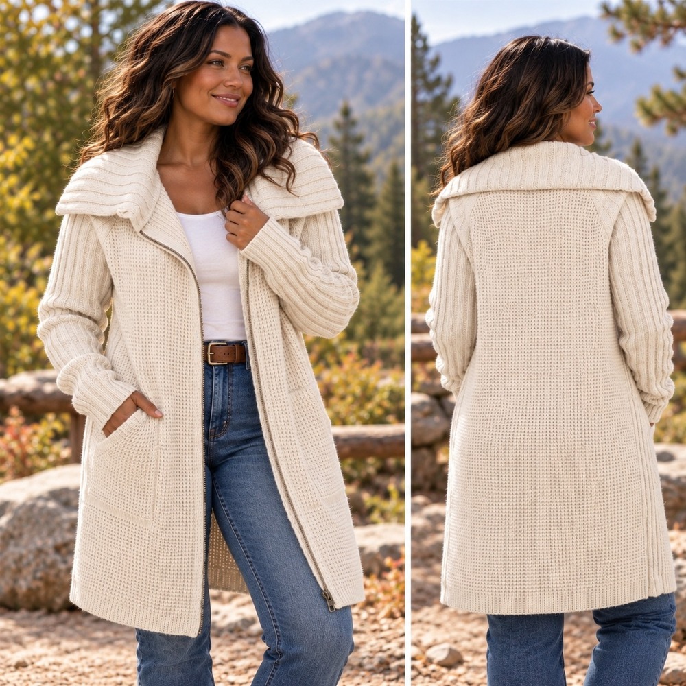 prAna Yunna Full Zip Long Cardigan Women's Large Oatmeal Cable Knit Wool Blend